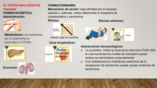 VI. OTROS ANALGÉSICOS
Tramadol
FARMACOCINÉTICA
Administración.
Metabolismo: se metaboliza
por el polimorfismo
enzimático CYP2D6.
Excreción
FARMACODINAMIA
Mecanismo de acción: baja afinidad por el receptor
opioide u, además, inhibe débilmente la recaptura de
noradrenalina y serotonina.
Efectos
Usos terapéuticos:
menor que la morfina
Efectos adversos:
Moderado
A intenso
Interacciones farmacológicas:
 La quinidina, inhibe la isoenzima citocromo P450 2D6,
lo cual aumenta los niveles de tramadol cuando
ambos se administran conjuntamente.
 Con antidepresivos inhibidores selectivos de la
recaptacion de serotonina puede causar síndrome de
serotonina.
 