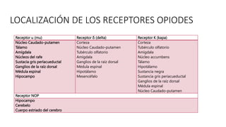 Receptor u (mu) Receptor δ (delta) Receptor K (kapa)
Núcleo Caudado-putamen
Tálamo
Amígdala
Núcleos del rafe
Sustacia gris períacueductal
Ganglios de la raíz dorsal
Médula espinal
Hipocampo
Corteza
Núcleo Caudado-putamen
Tubérculo olfatorio
Amígdala
Ganglios de la raíz dorsal
Médula espinal
Hipotálamo
Mesencéfalo
Corteza
Tubérculo olfatorio
Amígdala
Núcleo accurnbens
Tálamo
Hipotálamo
Sustancia negra
Sustancia gris periacueductal
Ganglios de la raíz dorsal
Médula espinal
Núcleo Caudado-putamen
Receptor NOP
Hipocampo
Cerebelo
Cuerpo estriado del cerebro
LOCALIZACIÓN DE LOS RECEPTORES OPIODES
 