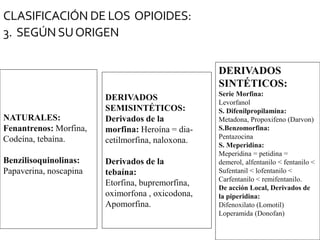 CLASIFICACIÓN DE LOS OPIOIDES:
3. SEGÚNSUORIGEN
NATURALES:
Fenantrenos: Morfina,
Codeína, tebaína.
Benzilisoquinolinas:
Papaverina, noscapina
DERIVADOS
SEMISINTÉTICOS:
Derivados de la
morfina: Heroína = dia-
cetilmorfina, naloxona.
Derivados de la
tebaína:
Etorfina, bupremorfina,
oximorfona , oxicodona,
Apomorfina.
DERIVADOS
SINTÉTICOS:
Serie Morfina:
Levorfanol
S. Difenilpropilamina:
Metadona, Propoxifeno (Darvon)
S.Benzomorfina:
Pentazocina
S. Meperidina:
Meperidina = petidina =
demerol, alfentanilo < fentanilo <
Sufentanil < lofentanilo <
Carfentanilo < remifentanilo.
De acción Local, Derivados de
la piperidina:
Difenoxilato (Lomotil)
Loperamida (Donofan)
 