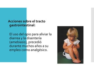 Acciones sobre el tracto
gastrointestinal:
El uso del opio para aliviar la
diarrea y la disentería
(amebiasis), precedió
durante muchos años a su
empleo como analgésico.
 