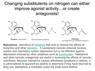 Changing substitutents on nitrogen can either improve agonist activity…or create antagonists! Nalorphine  , derivative of  morphine  that acts to reverse the effects of morphine and other  narcotics  . It counteracts narcotic-induced nervous system and respiratory system depression but is not effective against depression induced by other sedatives such as  barbiturates  . Nalorphine and other narcotic antagonists are useful in reversing the effects of narcotic overdoses. Because nalorphine causes withdrawal symptoms in addicts, it is administered to apparent ex-addicts to determine if they have returned to drug use. Nalorphine is marketed under the trade name Nalline.   