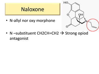 Naloxone
• N-allyl nor oxy morphone
• N –substituent CH2CH=CH2  Strong opiod
antagonist
 