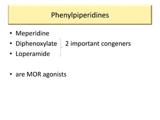 Phenylpiperidines
• Meperidine
• Diphenoxylate 2 important congeners
• Loperamide
• are MOR agonists
 