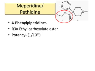 Meperidine/
Pethidine
• 4-Phenylpiperidines
• R3= Ethyl carboxylate ester
• Potency- (1/10th)
 