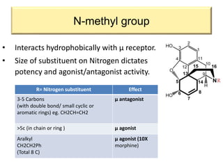 R= Nitrogen substituent Effect
3-5 Carbons
(with double bond/ small cyclic or
aromatic rings) eg. CH2CH=CH2
µ antagonist
>5c (in chain or ring ) µ agonist
Aralkyl
CH2CH2Ph
(Total 8 C)
µ agonist (10X
morphine)
N-methyl group
• Interacts hydrophobically with μ receptor.
• Size of substituent on Nitrogen dictates
potency and agonist/antagonist activity.
 