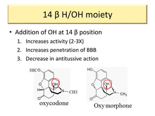 14 β H/OH moiety
• Addition of OH at 14 β position
1. Increases activity (2-3X)
2. Increases penetration of BBB
3. Decrease in antitussive action
 