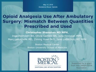 Opioid Analgesia Use After Ambulatory
Surgery: Mismatch Between Quantities
Prescribed and Used
Christopher Shanahan MD MPH,
Inga Holmdahl BA, Olivia Gamble BA, Julia Keosaian MPH,
Marc LaRochelle MD, Ziming Xuan ScD, Jane Liebschutz MD MPH
Boston Medical Center
Boston University School of Medicine
May 13, 2016
Substance Abuse: Opioids
Supported by a grant
from the CAREFUSION
Foundation
 