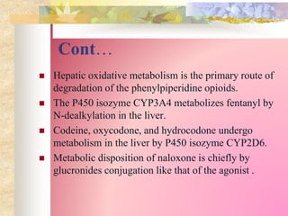 Cont…
 Hepatic oxidative metabolism is the primary route of
degradation of the phenylpiperidine opioids.
 The P450 isozyme CYP3A4 metabolizes fentanyl by
N-dealkylation in the liver.
 Codeine, oxycodone, and hydrocodone undergo
metabolism in the liver by P450 isozyme CYP2D6.
 Metabolic disposition of naloxone is chiefly by
glucronides conjugation like that of the agonist .
 
