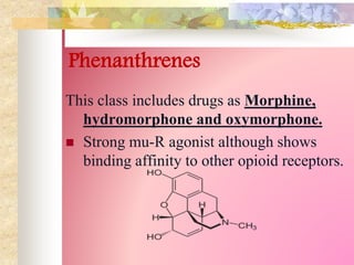 Phenanthrenes
This class includes drugs as Morphine,
hydromorphone and oxymorphone.
 Strong mu-R agonist although shows
binding affinity to other opioid receptors.
 