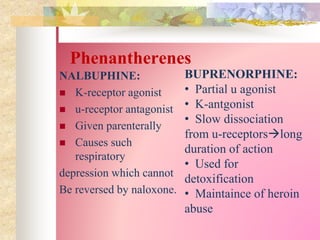 Phenantherenes
NALBUPHINE:
 K-receptor agonist
 u-receptor antagonist
 Given parenterally
 Causes such
respiratory
depression which cannot
Be reversed by naloxone.
BUPRENORPHINE:
• Partial u agonist
• K-antgonist
• Slow dissociation
from u-receptorslong
duration of action
• Used for
detoxification
• Maintaince of heroin
abuse
 