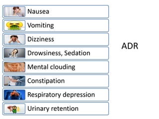 ADR
Nausea
Vomiting
Dizziness
Drowsiness, Sedation
Mental clouding
Constipation
Respiratory depression
Urinary retention
 