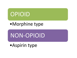 OPIOID
•Morphine type
NON-OPIOID
•Aspirin type
 