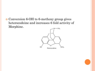  Conversion 6-OH to 6-methoxy group gives
heterocodeine and increases 6 fold activity of
Morphine.
O
N
OCH3
HO
CH3
Heterocodeine
 