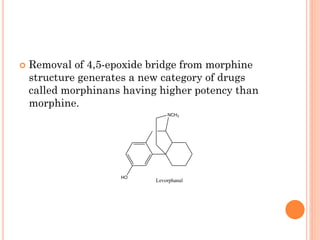  Removal of 4,5-epoxide bridge from morphine
structure generates a new category of drugs
called morphinans having higher potency than
morphine.
Levorphanal
NCH3
HO
 