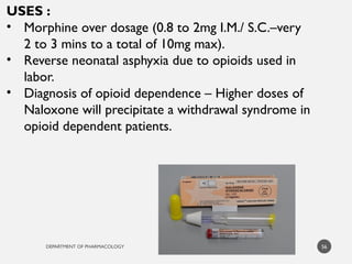 DEPARTMENT OF PHARMACOLOGY
USES :
• Morphine over dosage (0.8 to 2mg I.M./ S.C.–very
2 to 3 mins to a total of 10mg max).
• Reverse neonatal asphyxia due to opioids used in
labor.
• Diagnosis of opioid dependence – Higher doses of
Naloxone will precipitate a withdrawal syndrome in
opioid dependent patients.
56
 
