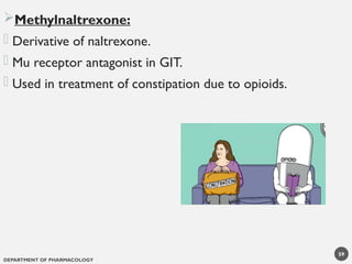 DEPARTMENT OF PHARMACOLOGY
59
Methylnaltrexone:
- Derivative of naltrexone.
- Mu receptor antagonist in GIT.
- Used in treatment of constipation due to opioids.
 