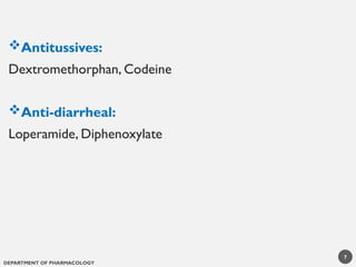 DEPARTMENT OF PHARMACOLOGY
7
Antitussives:
Dextromethorphan, Codeine
Anti-diarrheal:
Loperamide, Diphenoxylate
 