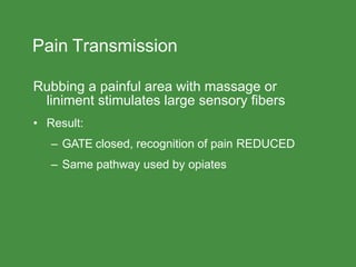 Pain Transmission
Rubbing a painful area with massage or
liniment stimulates large sensory fibers
• Result:
– GATE closed, recognition of pain REDUCED
– Same pathway used by opiates
 