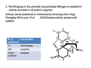 2. TheOHgroup in the phenolic ring and basicNitrogen isneeded for
activity and seenin all potent µagonist.
Activity canbe preserved or enhancedby removing other rings.
Changing-OHto just –Hor -OCH3lowers activity asseenwith
codeine
R=C3
substituent
Activityeffect
-H 10XDecrease
-OH morphine
-OCH3
(codeine)
Decrease
35
 