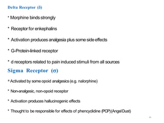 40
Delta Receptor ()
* Morphine bindsstrongly
* Receptor for enkephalins
* Activation produces analgesia plus somesideeffects
* G-Protein-linked receptor
* d receptors related to pain induced stimuli from all sources
Sigma Receptor ()
*Activated by some opoid analgesics(e.g. nalorphine)
* Non-analgesic, non-opoid receptor
* Activation produces hallucinogenic effects
* Thought to be responsible for effects of phencyclidine (PCP)(AngelDust)
 