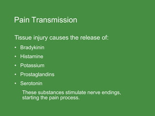 Pain Transmission
Tissue injury causes the release of:
• Bradykinin
• Histamine
• Potassium
• Prostaglandins
• Serotonin
These substances stimulate nerve endings,
starting the pain process.
 