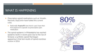 WHAT IS HAPPENING
 Prescription opioid medications such as: Vicodin,
Percocet, OxyContin have fueled this current
crisis.
 Nationally 4 out of 5 new heroin users have their
first exposure to opioids via prescription pain
medication.
 The opioid epidemic in Philadelphia has reached
epidemic levels in recent years due to the rise of
fentanyl, a synthetic opioid that began
appearing in that test results of opioid overdose
victims in 2014.
 