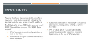 IMPACT- FAMILIES
Adverse Childhood Experiences (ACE), stressful or
traumatic events that are strongly related to the
development of a wide range of health problems.
The Philadelphia Urban ACE Study surveyed nearly
2,000 Philadelphians between 2012-2013. Data
showed
 40% of respondents experienced greater than or
equal to four ACEs.
 Approximately 35% grew up with substance abuse
in their household.
 Substance use becomes increasingly likely across
adolescence, rates peaking among people in
their 20’s.
 74% of adults 18-30 years old admitted to
substance use disorder treatment programs
began using at the age of 17 or younger.
 