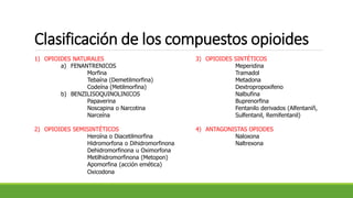 Clasificación de los compuestos opioides
1) OPIOIDES NATURALES
a) FENANTRENICOS
Morfina
Tebaína (Demetilmorfina)
Codeína (Metilmorfina)
b) BENZILISOQUINOLINICOS
Papaverina
Noscapina o Narcotina
Narceína
2) OPIOIDES SEMISINTÉTICOS
Heroína o Diacetilmorfina
Hidromorfona o Dihidromorfinona
Dehidromorfinona u Oximorfona
Metilhidromorfinona (Metopon)
Apomorfina (acción emética)
Oxicodona
3) OPIOIDES SINTÉTICOS
Meperidina
Tramadol
Metadona
Dextropropoxifeno
Nalbufina
Buprenorfina
Fentanilo derivados (Alfentaniñ,
Sulfentanil, Remifentanil)
4) ANTAGONISTAS OPIODES
Naloxona
Naltrexona
 