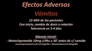Efectos Adversos
Vómitos
15-40% de los pacientes
Con inicio, cambio de dosis o rotación
Tolerancia en 3-4 días
Manejo inicial:
- Metoclopramida 10mg c/4hs o 30’ antes de c/ comida
- Levomepromazina 6,25-12,5mg/día + Dexametasona 8-16mg/día
 