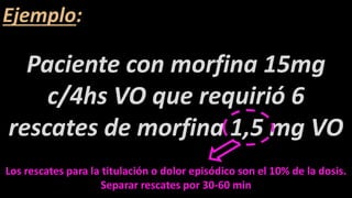 Ejemplo:
Paciente con morfina 15mg
c/4hs VO que requirió 6
rescates de morfina 1,5 mg VO
Los rescates para la titulación o dolor episódico son el 10% de la dosis.
Separar rescates por 30-60 min
 