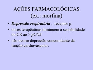 AÇÕES FARMACOLÓGICAS
(ex.: morfina)
• Depressão respiratória : receptor µ
• doses terapêuticas diminuem a sensibilidade
do CR ao > pCO2
• não ocorre depressão concomitante da
função cardiovascular.
 