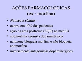 AÇÕES FARMACOLÓGICAS
(ex.: morfina)
• Náusea e vômito
• ocorre em 40% dos pacientes
• ação na área postrema (ZQR) na medula
• apomorfina agonista dopaminérgico
• naloxone bloqueia morfina e não bloqueia
apomorfina
• inversamente antagonistas dopaminérgicos
 