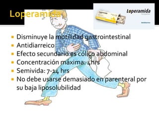  Disminuye la motilidad gastrointestinal
 Antidiarreico
 Efecto secundario es cólico abdominal
 Concentración máxima: 4hrs
 Semivida: 7-14 hrs
 No debe usarse demasiado en parenteral por
su baja liposolubilidad
 