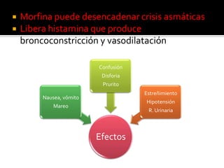  Morfina puede desencadenar crisis asmáticas
 Libera histamina que produce
broncoconstricción y vasodilatación
Efectos
Nausea, vómito
Mareo
Confusión
Disforia
Prurito
Estreñimiento
Hipotensión
R. Urinaria
 
