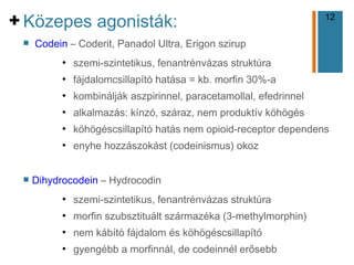 12
+
n Codein – Coderit, Panadol Ultra, Erigon szirup
●
szemi-szintetikus, fenantrénvázas struktúra
●
fájdalomcsillapító hatása = kb. morfin 30%-a
●
kombinálják aszpirinnel, paracetamollal, efedrinnel
●
alkalmazás: kínzó, száraz, nem produktív köhögés
●
köhögéscsillapító hatás nem opioid-receptor dependens
●
enyhe hozzászokást (codeinismus) okoz
n Dihydrocodein – Hydrocodin
●
szemi-szintetikus, fenantrénvázas struktúra
●
morfin szubsztituált származéka (3-methylmorphin)
●
nem kábító fájdalom és köhögéscsillapító
●
gyengébb a morfinnál, de codeinnél erősebb
Közepes agonisták:
 
