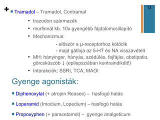 13
+ n Tramadol – Tramadol, Contramal
●
trazodon származék
●
morfinnál kb. 10x gyengébb fájdalomcsillapító
●
Mechanizmus:
- először a μ-receptorhoz kötődik
- majd gátloja az 5-HT és NA visszavételt
●
MH: hányinger, hányás, szédülés, fejfájás, obstipatio,
görcsküszöb ↓ (epilepsziában kontraindikált!)
●
Interakciók: SSRI, TCA, MAOI
Gyenge agonisták:
n Diphenoxylat (+ atropin Reasec) – hasfogó hatás
n Loperamid (Imodium, Lopedium) – hasfogó hatás
n Propoxyphen (+ paracetamol) – gyenge analgeticum
 