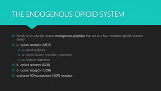 THE ENDOGENOUS OPIOID SYSTEM
 Family of structurally related endogenous peptides that act at a four-member opioid receptor
family
 μ -opioid receptor (MOR)
 μ1- opioid analgesia
 μ2- opioid-induced respiratory depression
 μ3- immune depression
 Κ -opioid receptor (KOR)
 δ -opioid receptor (DOR)
 orphanin FQ/nociception (NOP) receptor.
 