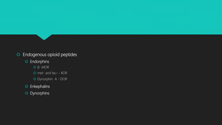  Endogenous opioid peptides
 Endorphins
 β- MOR
 met- and leu- - KOR
 Dynorphin A - DOR
 Enkephalins
 Dynorphins
 