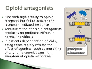  Bind with high affinity to opioid
receptors but fail to activate the
receptor-mediated response
 Administration of opioid antagonists
produces no profound effects in
normal individuals
 In patients dependent on opioids,
antagonists rapidly reverse the
effect of agonists, such as morphine
or any full μ-agonist causing
symptom of opiate withdrawal
 