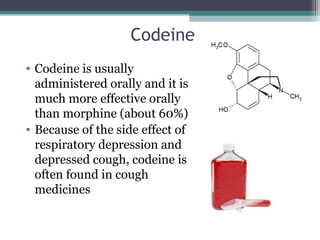 Codeine
• Codeine is usually
administered orally and it is
much more effective orally
than morphine (about 60%)
• Because of the side effect of
respiratory depression and
depressed cough, codeine is
often found in cough
medicines
 