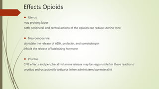 Effects Opioids
 Uterus
may prolong labor
both peripheral and central actions of the opioids can reduce uterine tone
 Neuroendocrine
stimulate the release of ADH, prolactin, and somatotropin
inhibit the release of luteinizing hormone
 Pruritus
CNS effects and peripheral histamine release may be responsible for these reactions
pruritus and occasionally urticaria (when administered parenterally)
 