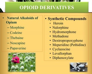 • Natural Alkaloids of
Opium
– Morphine
– Codeine
– Thebaine
– Noscapine
– Papaverine
OPIOID DERIVATIVES
• Synthetic Compounds
• Heroin
• Nalorphine
• Hydromorphone
• Methadone
• Dextropropoxyphene
• Meperidine (Pethidine)
• Cyclazocine
• Levallorphan
• Diphenoxylate
 