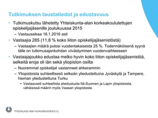 Tutkimuksen taustatiedot ja edustavuus
• Tutkimuskutsu lähetetty Yhteiskunta-alan korkeakoulutettujen
opiskelijajäsenille joulukuussa 2015
– Vastausaikaa 18.1.2016 asti
• Vastaajia 285 (11,8 % koko liiton opiskelijajäsenistöstä)
– Vastaajien määrä putosi vuodentakaisesta 25 %. Todennäköisenä syynä
tälle on tutkimusajankohdan viivästyminen vuodenvaihteeseen
• Vastaajajoukko edustaa melko hyvin koko liiton opiskelijajäsenistöä,
selkeitä eroja oli iän sekä yliopiston osilta
– Nuoremmat opiskelijat vastanneet ahkerammin
– Yliopistoista suhteellisesti selkeän yliedustettuina Jyväskylä ja Tampere,
hieman yliedustettuna Turku
• Vastaavasti suhteellista aliedustusta Itä-Suomen ja Lapin yliopistoista,
vähäisissä määrin myös Vaasan yliopistosta
 