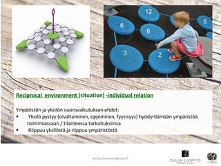 Reciprocal  environment  (situation)  -individual relation Ympäristön ja yksilön vuorovaikutuksen ehdot: Yksilö pystyy (oivaltaminen, oppiminen, fyysisyys) hyödyntämään ympäristöä toiminnassaan / tilanteessa tarkoituksiinsa Riippuu yksilöstä ja riippuu ympäristöstä [email_address] 3 2 6 6 12 5 