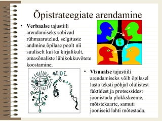 Õpistrateegiate arendamine
• Visuaalse tajustiili
arendamiseks võib õpilasel
lasta teksti põhjal olulistest
faktidest ja protsessidest
joonistada plokkskeeme,
mõistekaarte, samuti
jooniseid lahti mõtestada.
• Verbaalse tajustiili
arendamiseks sobivad
rühmaarutelud, selgituste
andmine õpilase poolt nii
suuliselt kui ka kirjalikult,
omasõnaliste lühikokkuvõtete
koostamine.
 