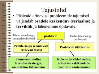 Tajustiilid
• Püsivaid erinevusi probleemide tajumisel
väljendab osadele keskenduv (seriaalne) ja
terviklik ja lähenemine õpitavale.
probleem
Probleemiga seonduvad
erinevad faktid
Probleemi üldolemus
Samm-sammuline
lahendusstrateegia,
analüütiline lähenemine
Kohene terviklahendus,
erinevate valdkondade
teadmiste sünteesimine
Ühese lahendusega,
tuttavad probleemid
Uudse lahendusega
probleemid
 