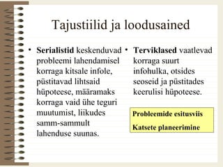 Tajustiilid ja loodusained
• Serialistid keskenduvad
probleemi lahendamisel
korraga kitsale infole,
püstitavad lihtsaid
hüpoteese, määramaks
korraga vaid ühe teguri
muutumist, liikudes
samm-sammult
lahenduse suunas.
• Terviklased vaatlevad
korraga suurt
infohulka, otsides
seoseid ja püstitades
keerulisi hüpoteese.
Probleemide esitusviis
Katsete planeerimine
 