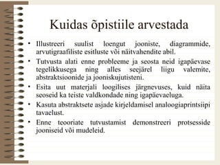 Kuidas õpistiile arvestada
• Illustreeri suulist loengut jooniste, diagrammide,
arvutigraafiliste esitluste või näitvahendite abil.
• Tutvusta alati enne probleeme ja seosta neid igapäevase
tegelikkusega ning alles seejärel liigu valemite,
abstraktsioonide ja jooniskujutisteni.
• Esita uut materjali loogilises järgnevuses, kuid näita
seoseid ka teiste valdkondade ning igapäevaeluga.
• Kasuta abstraktsete asjade kirjeldamisel analoogiaprintsiipi
tavaelust.
• Enne teooriate tutvustamist demonstreeri protsesside
jooniseid või mudeleid.
 