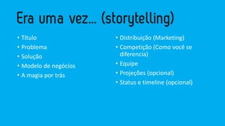 • Título
• Problema
• Solução
• Modelo de negócios
• A magia por trás
• Distribuição (Marketing)
• Competição (Como você se
diferencia)
• Equipe
• Projeções (opcional)
• Status e timeline (opcional)
 