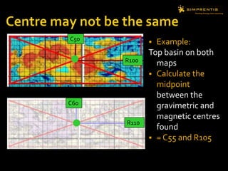 Centre may not be the sameExample:Top basin on both maps Calculate the midpoint between the gravimetric and magnetic centres found= C55 and R105C50R100C60R110